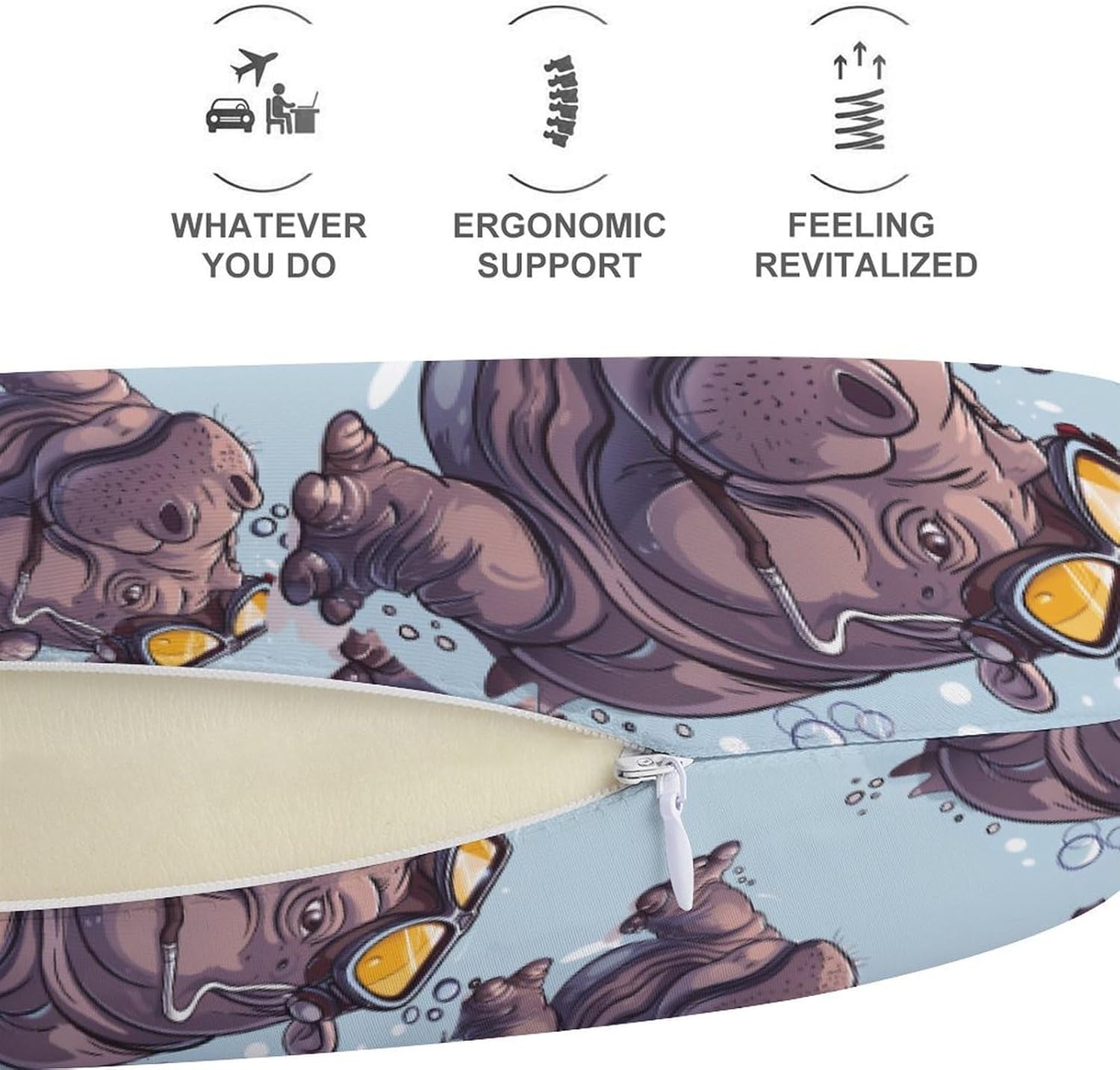 Diving Hippo Travel Pillow U Shape Neck Pillow Washable Pillowcase for Sleeping Chair