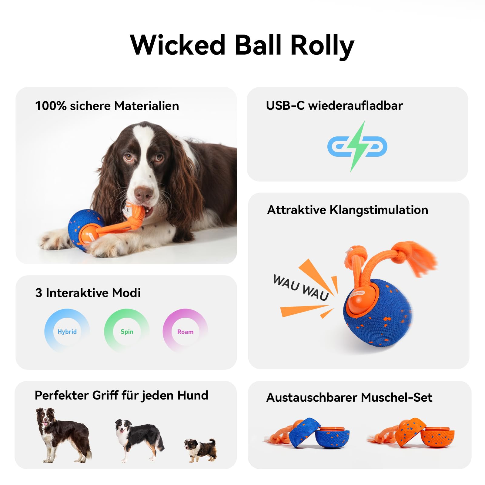 Cheerble Interaktiver Hundeball - Wicked Ball Rolly mit Seil & Bellen, Intelligentes Interaktives Hundespielzeug mit 3 Spielmodi, E-TPU, USB-C aufladbar, Geeignet für kleine bis große Hunde, Blau