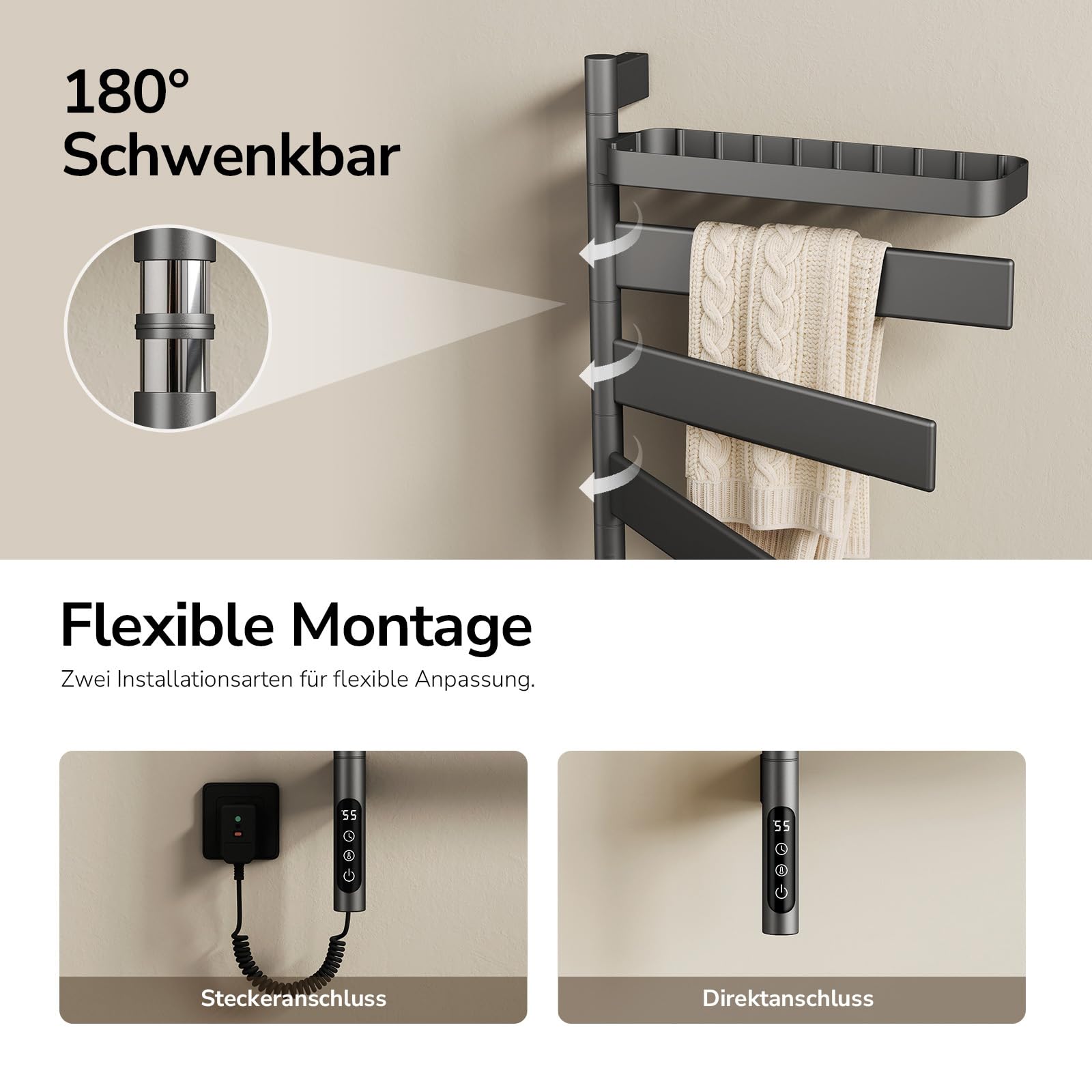 EMKE Elektrischer Badheizkörper 769x450 mm, 180° schwenkbarer Handtuchwärmer mit WiFi-App-Steuerung, Flacher Handtuchheizkörper mit Thermostat & Timer, 120 Watt, IP45, Grau