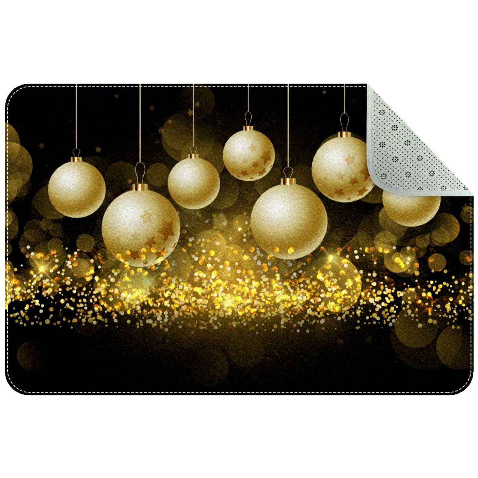 Paillasson boules de Noël sur fond doré pailleté lavable pour entrée