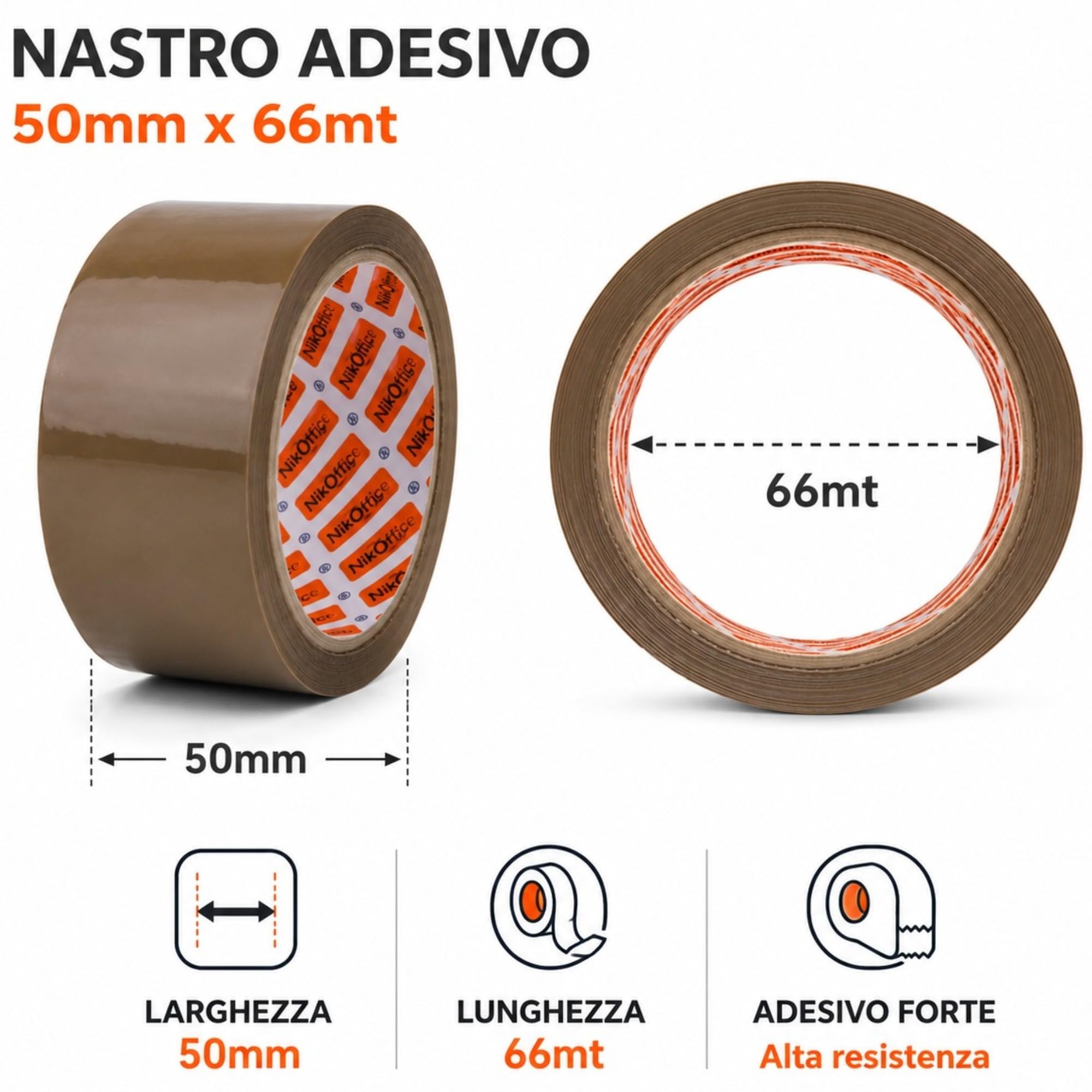 Nastro Adesivo da Imballaggio Marrone 50mm x 66m - 6 Rotoli Resistenti per Pacchi, Spedizioni e Traslochi - Nastro Forte