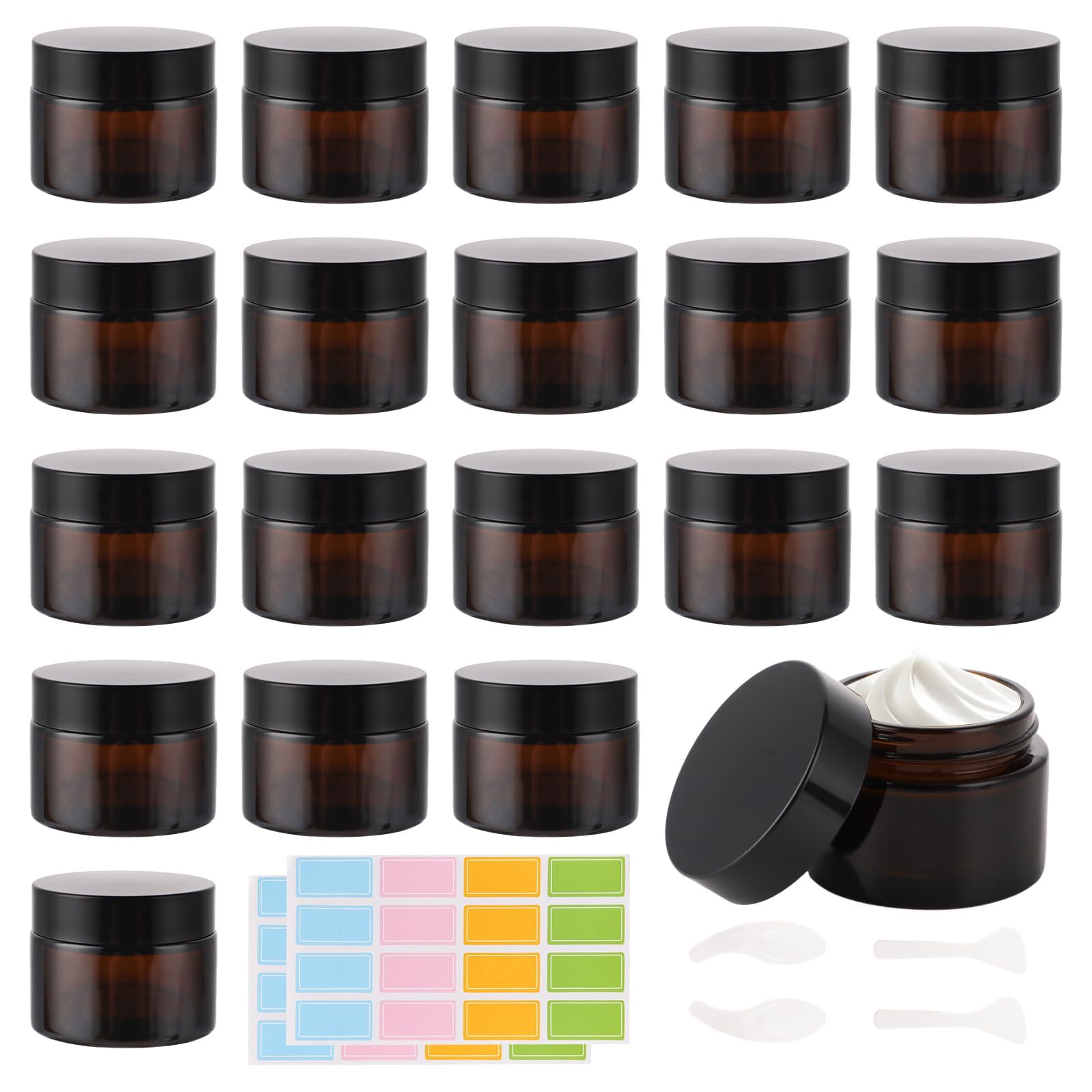 YAYODS Lot de 20 Pot de Crème en Verre Ambré 50ml - Vide et Rechargeable avec Couvercle Noir - Récipient Cosmétique Anti-UV Sans BPA pour Crème, Lotion, Huiles Essentielles - Kit de Voyage avec Étique