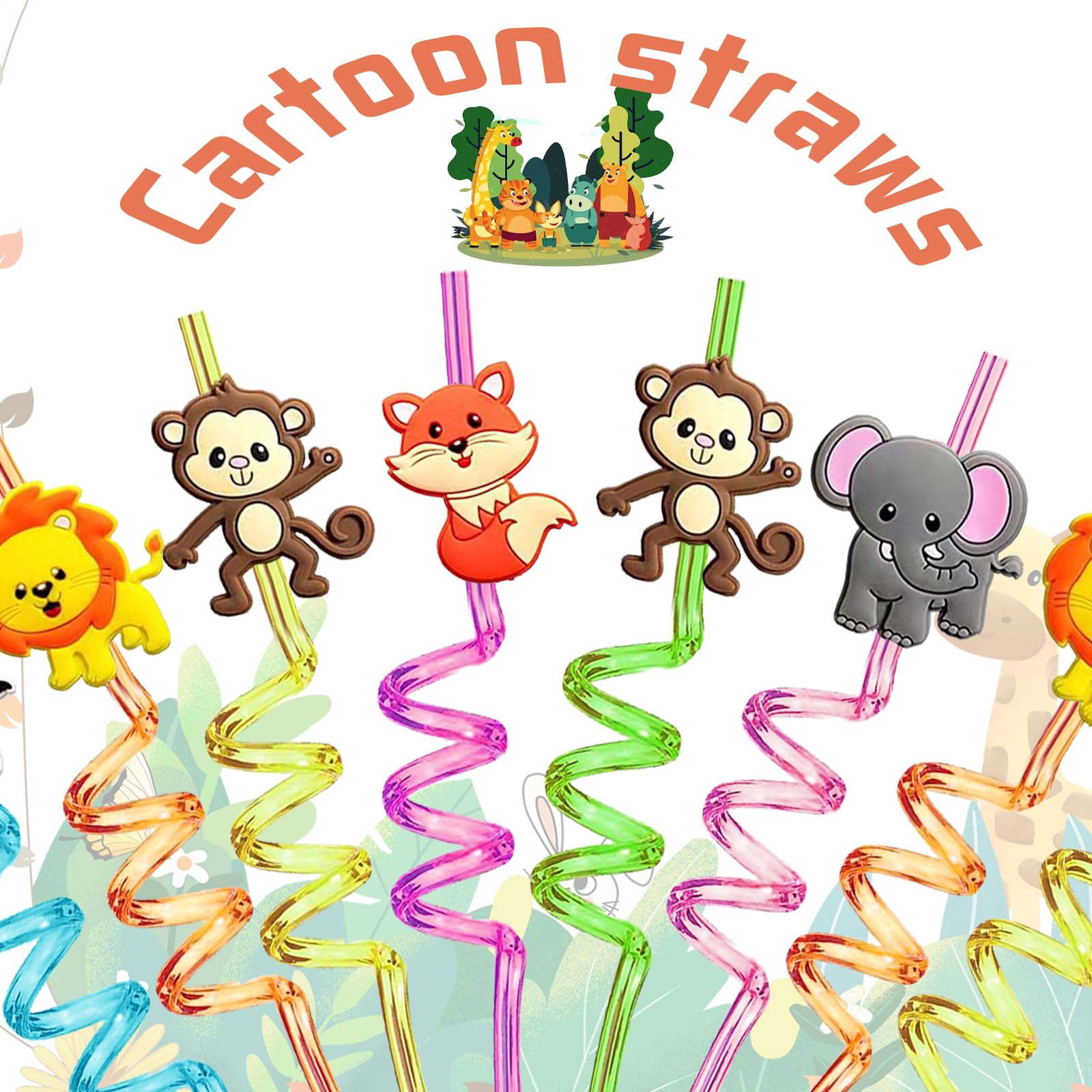YOUYIKE Pajitas Reutilizables Niños, 8 Piezas Animales, Pajitas Fiesta En Espiral, Plástico Reutilizable, Reutilizable, 25.5-27cm x 0.5cm, 8 Count