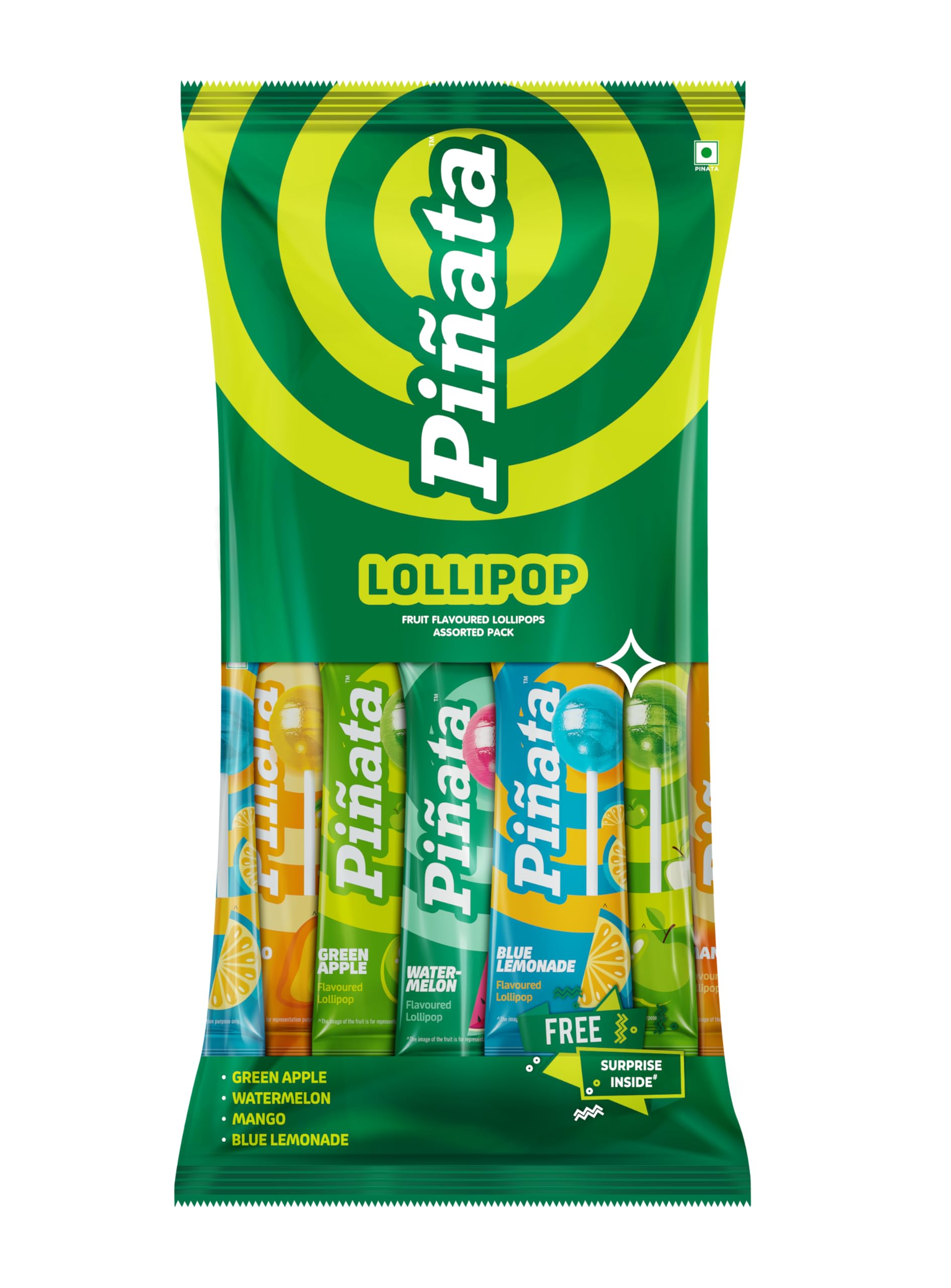 Pinata Fruit Flavoured Lollipops 4 Exciting Flavours For Kids Mango, Blue Lemonade, Green Apple, Watermelon Lollipop, 480 Gram