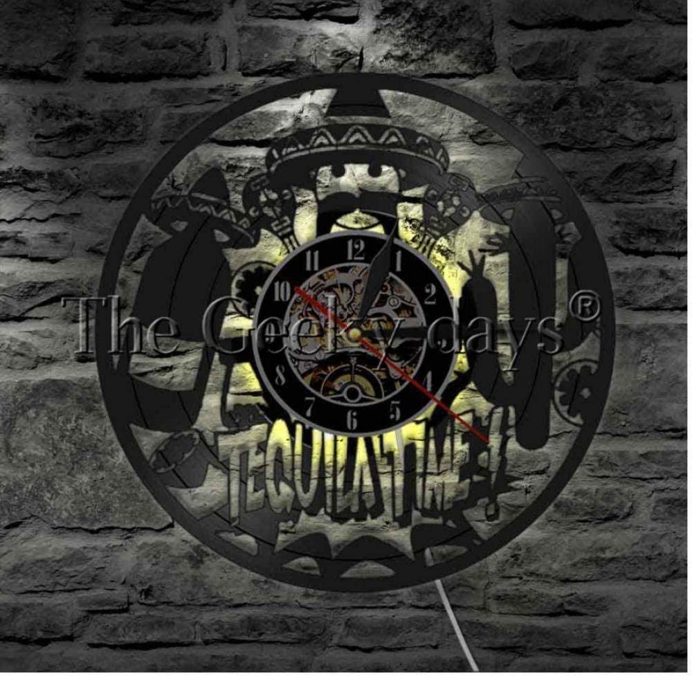 hxjie 1-Piece Tequila Wine Led Lighting LP Drinkable Record Wall Clock Home Decor Wall Art Tequila Time Creative Time Clocks-12 inches