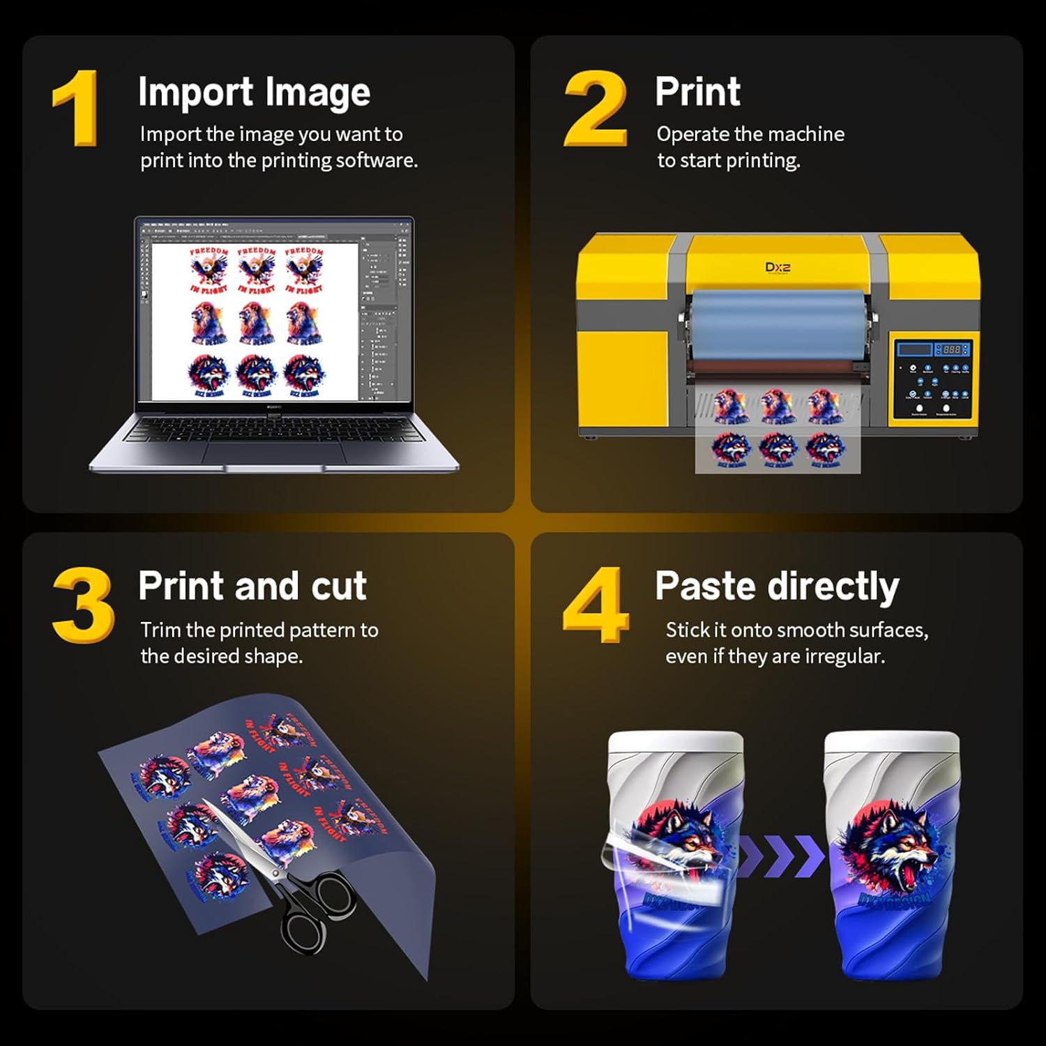 DXZ A3 UV DTF Printer with Laminator,Dual XP600 Print Heads, White Ink Stirring,All-in-One UV DTF Transfer Printer for Glass,Metal,Wood, Tumblers,Phone Cases,and More (Yellow)
