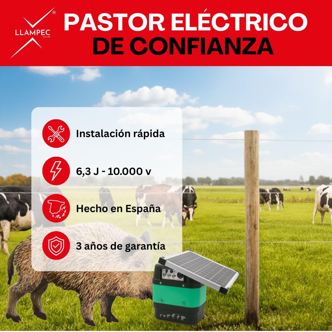Eléctrico Solar Crepuscular Llampec Mod.50S – 6,3 J, 10.000 V y 75 km de Alcance – Especial Antijabalí con Sensor de Luz y Panel Solar 12V 20W Incluido – Batería 12V 60Ah no incluída