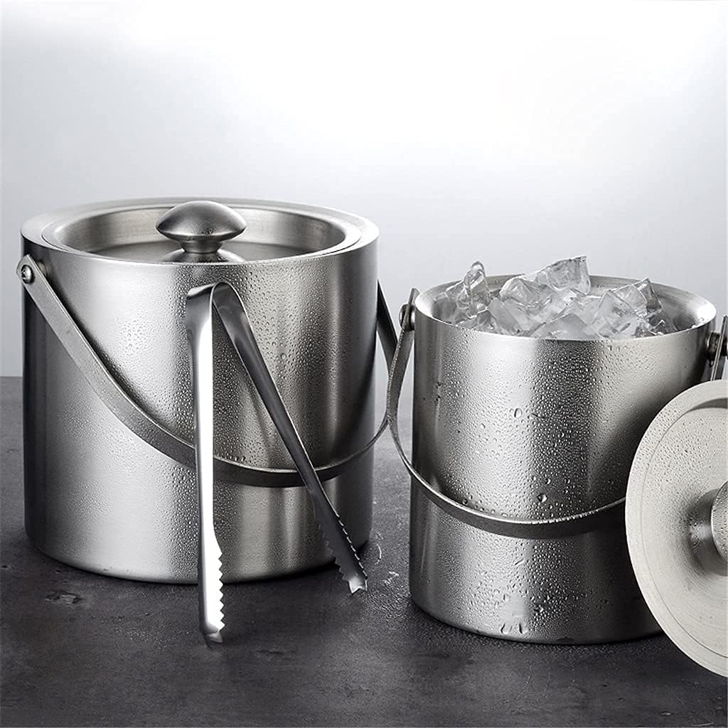 Ice Bucket Ice Bucket with Lid and Ice Tongs Bar KTV Stainless Steel Ice Bucket Double Insulation Ice Grain Barrel Champagne Wine Wine Ice