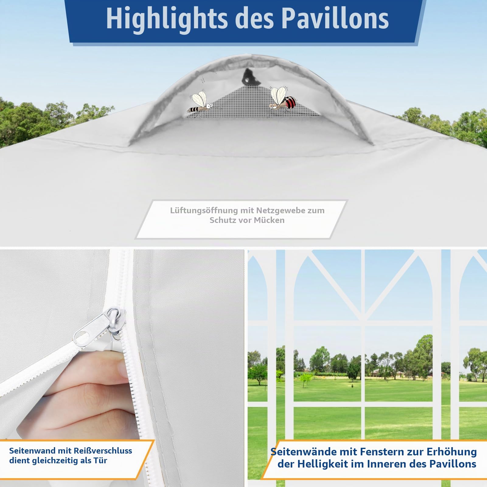 COBIZI Pavillon 3x3m Wasserdicht Stabil Winterfest Faltpavillon Partyzelt Gartenpavillon mit 4 Seitenteilen,4 Sandsäckes und Entlüftung,UV Schutz 50+,pop up faltbar für Outdoor Garten(Weiß