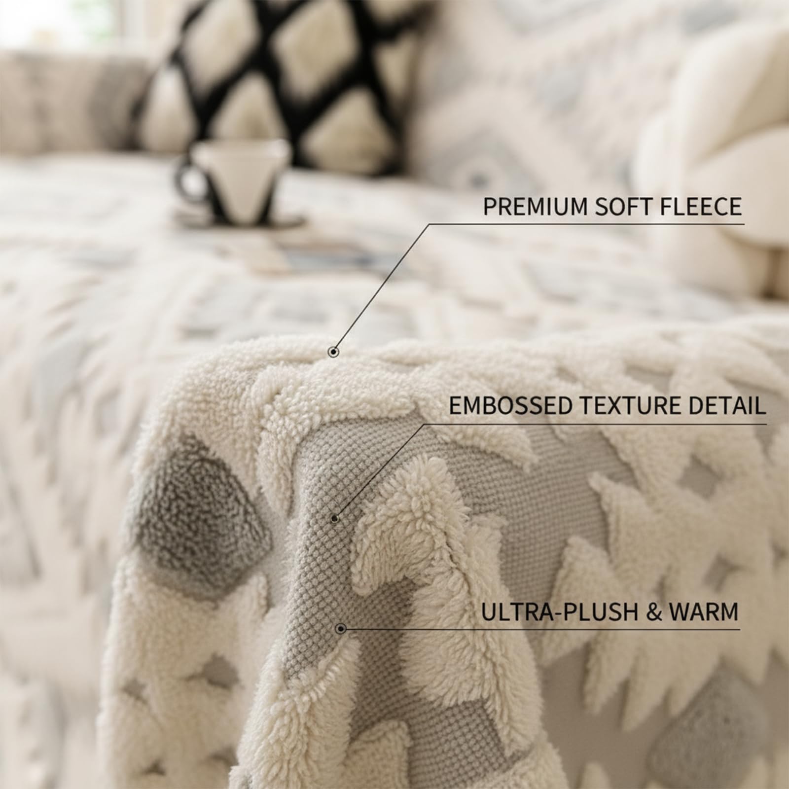 Lar Funda de sofá de felpilla, resistente a los arañazos para gatos, manta de invierno suave y cálida, manta de sofá ométrica para sala de estar y cama (gris, 180 x 340 cm)
