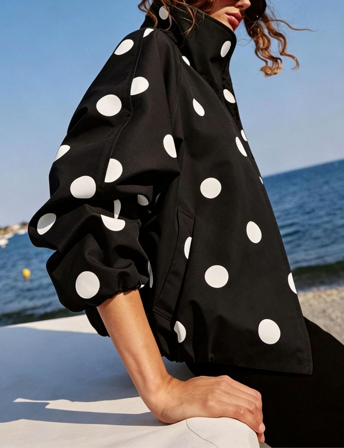 SCUSTY Women's Oversized Polka Dot Bomber Jacket Button Down Fall Coat image 4
