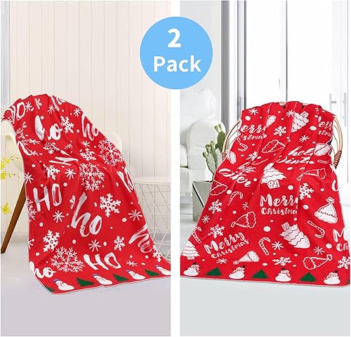 Miniatura 4 de Juego de 2 toallas de baño de Navidad, toallas de playa con copos de nieve rojos de gran tamaño, toallas de Navidad suaves y grandes para baño,