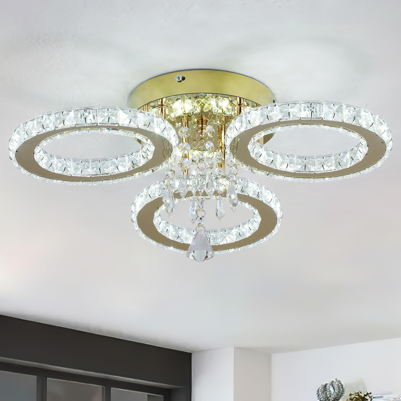 VETRULUS Modern Crystal LED Chandelier Gold Flush Mount Ceiling Light Fixture 3-Ring White Light for Bedroom, Dining Room, Hallway โ image 1