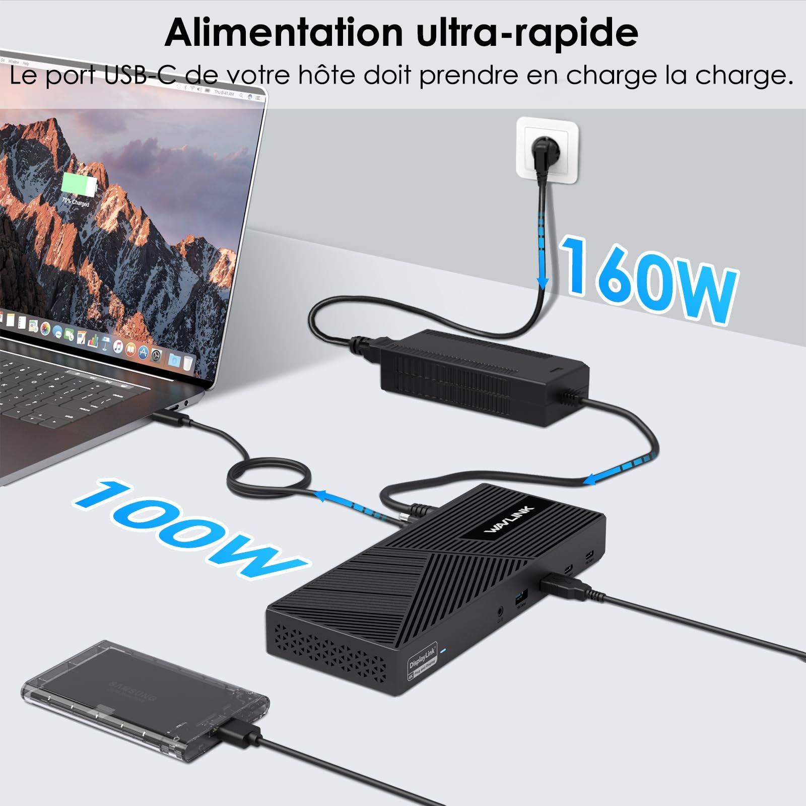 WAVLINK Displaylink Station d'accueil Universelle USB C, avec 3 x HDMI, 2 x DP, 100 W PD, Gigabit Ethernet, 6 × 10 Gbps USB-A&C, Audio, Microphone, Compatible avec Mac OS et Windows