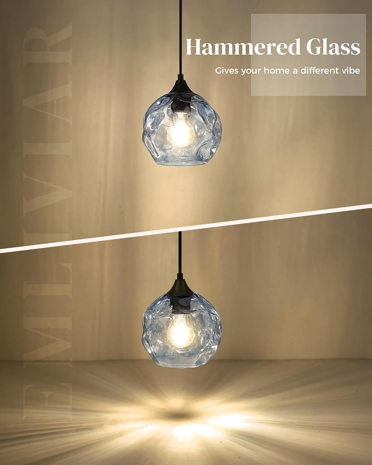 Emliviar 1-Light Pendant Lighting Hammered Glass, Modern Blue Ceiling Hanging Light for Kitchen, DYE287G1-MIL BK