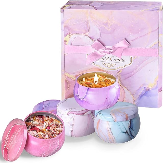 TENSUN 4 Tins 4.4 Oz Scented Candles Gift Set Aromatic Candle with Petal Aromatherapy Candles Set 100% Natural Soy Wax Candle Rose, Lavender, Jasmine, Vanilla for Christmas, Anniversary, Bath, Yoga