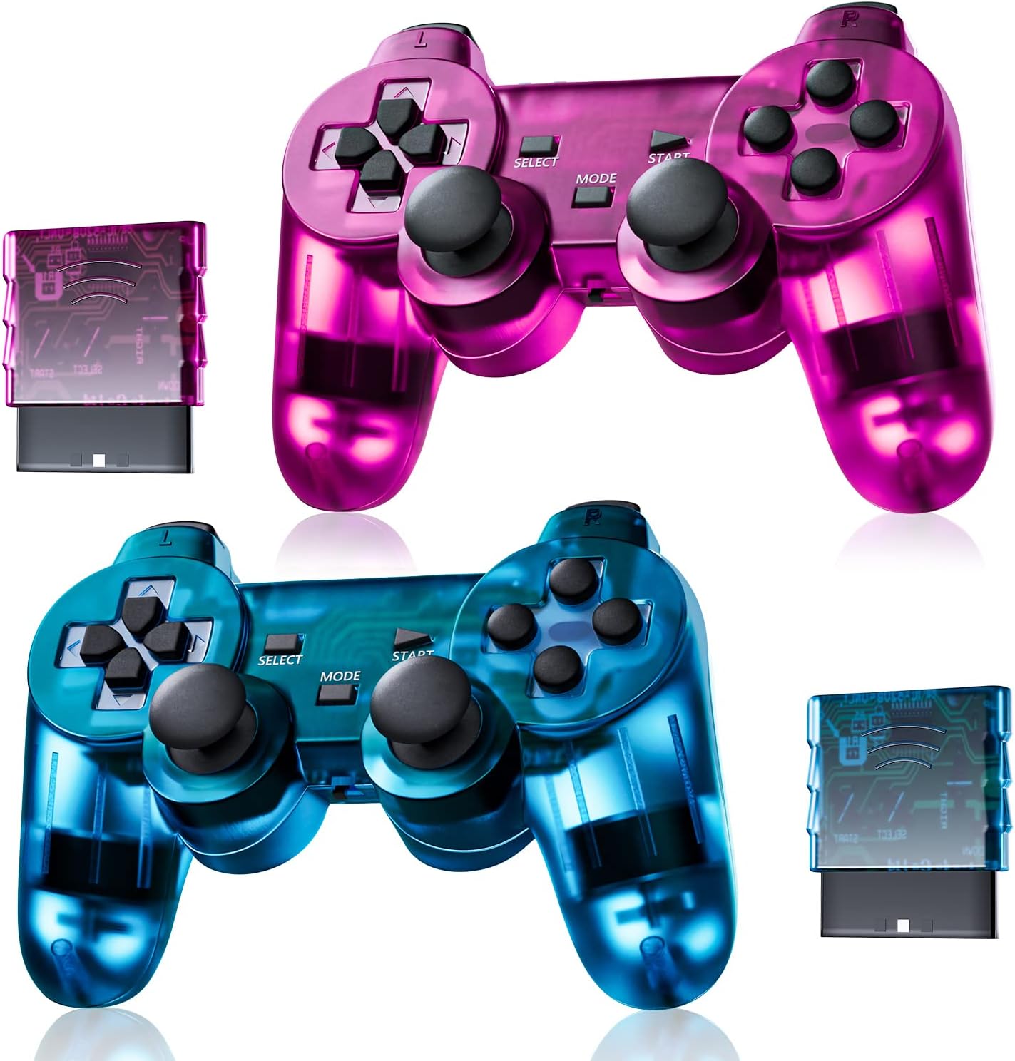 Burcica Wireless Controller for PS2 Play station 2 Dual Vibration 2 - ClearBlue and ClearPurple