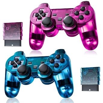 Burcica Wireless Controller for PS-2 Play 2 Double Vibration 2 - ClearBlue and ClearPurple