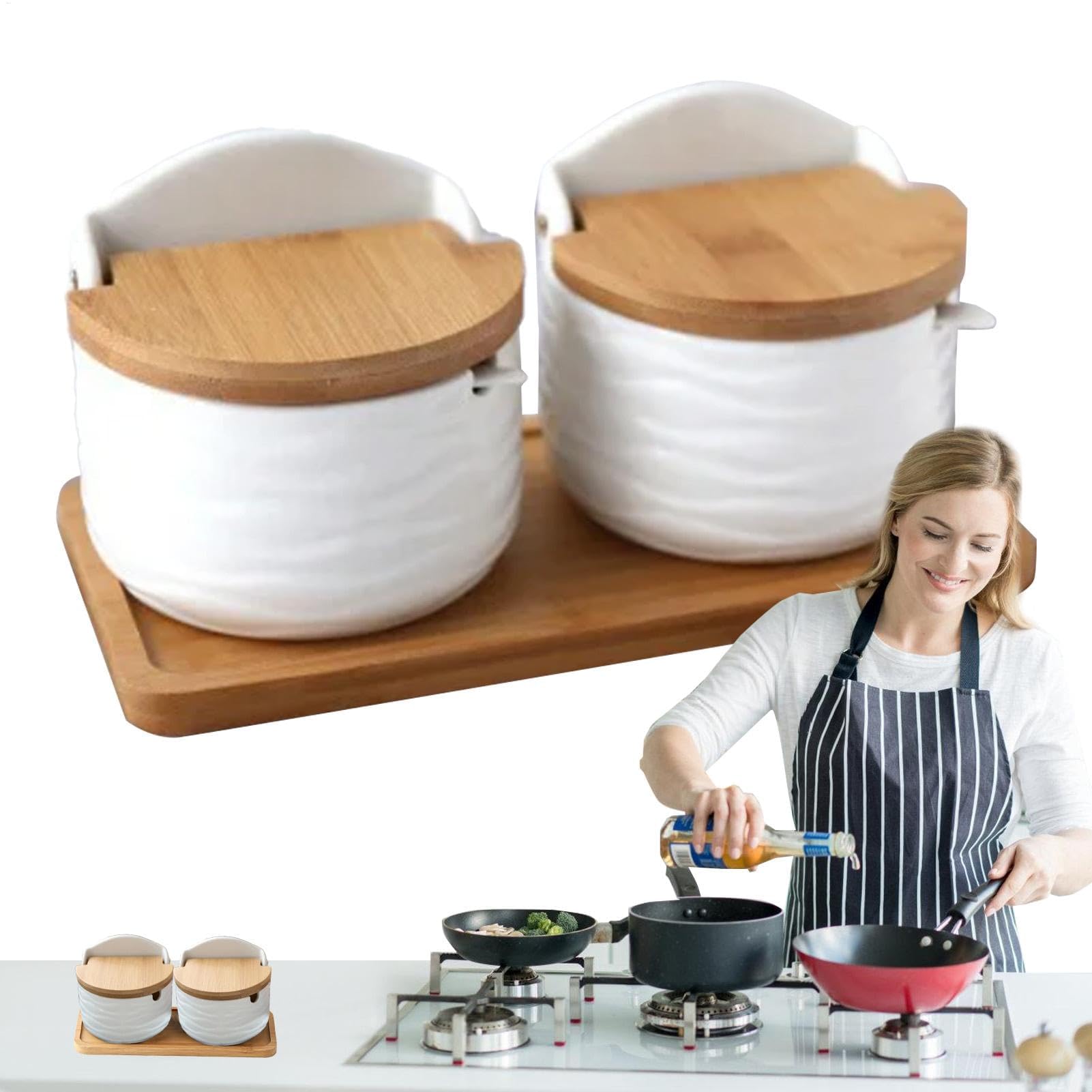 Pojemnik na sól z drewnianą pokrywką na łyżkę – ceramiczne naczynie na sól do przechowywania w kuchni, 2-pak uchwyt na sól do organizacji blatu i zarządzania przyprawami