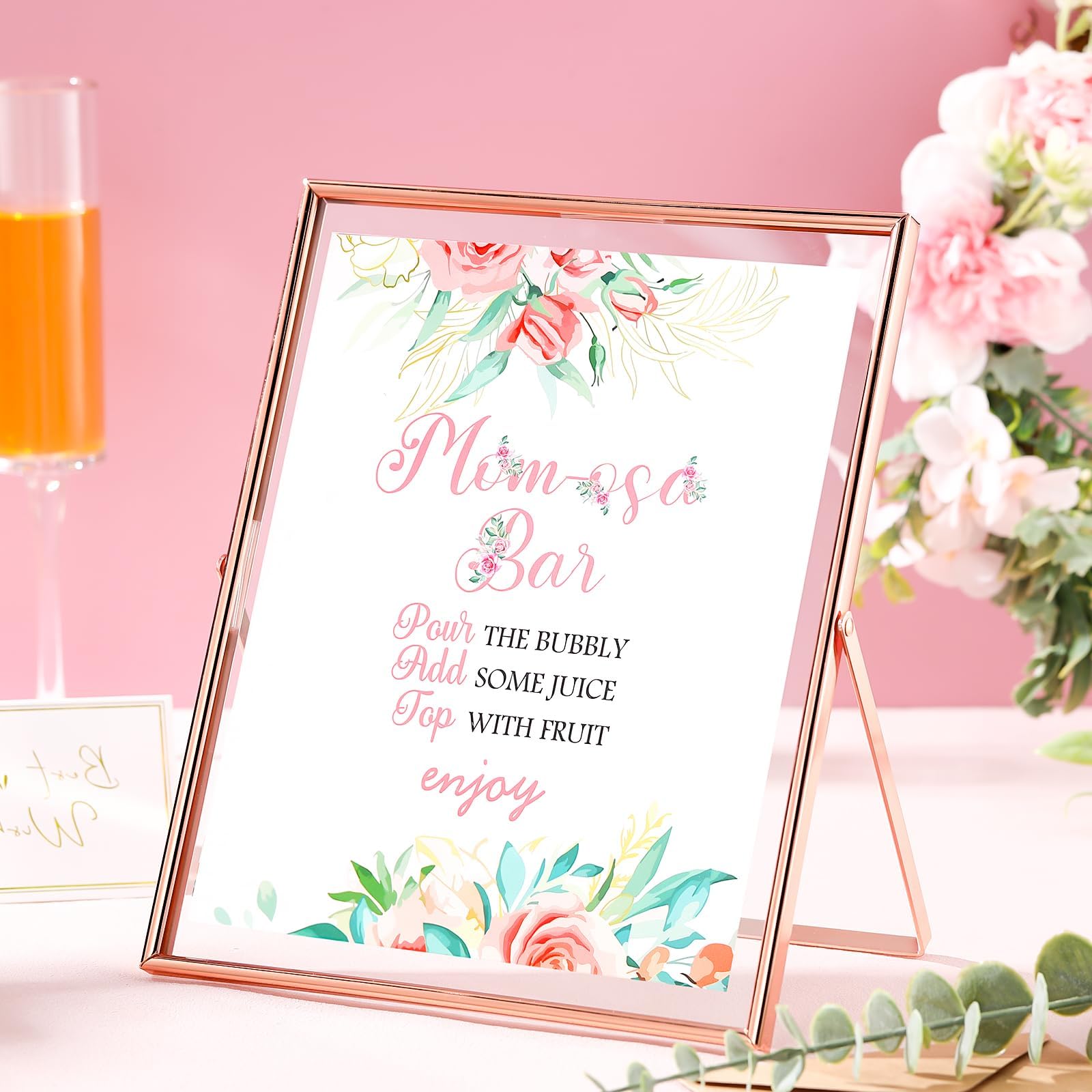 DoubleFill Momosa Bar Bridal Shower Sign, Momosabar Baby Shower Sign With Stand, Metal Edge Floating Photo Frame, Bridal Shower Welcome Sign for Anniversary Wedding Decoration (Floral)