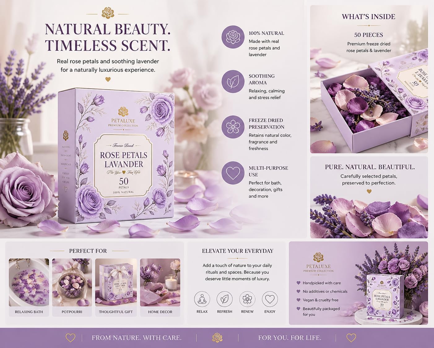 PETALUXE Freeze Dried Rose Petals Lavender, 100 Petals, 100% Natural, Premium Collection, for Decor, Beauty & Wellness