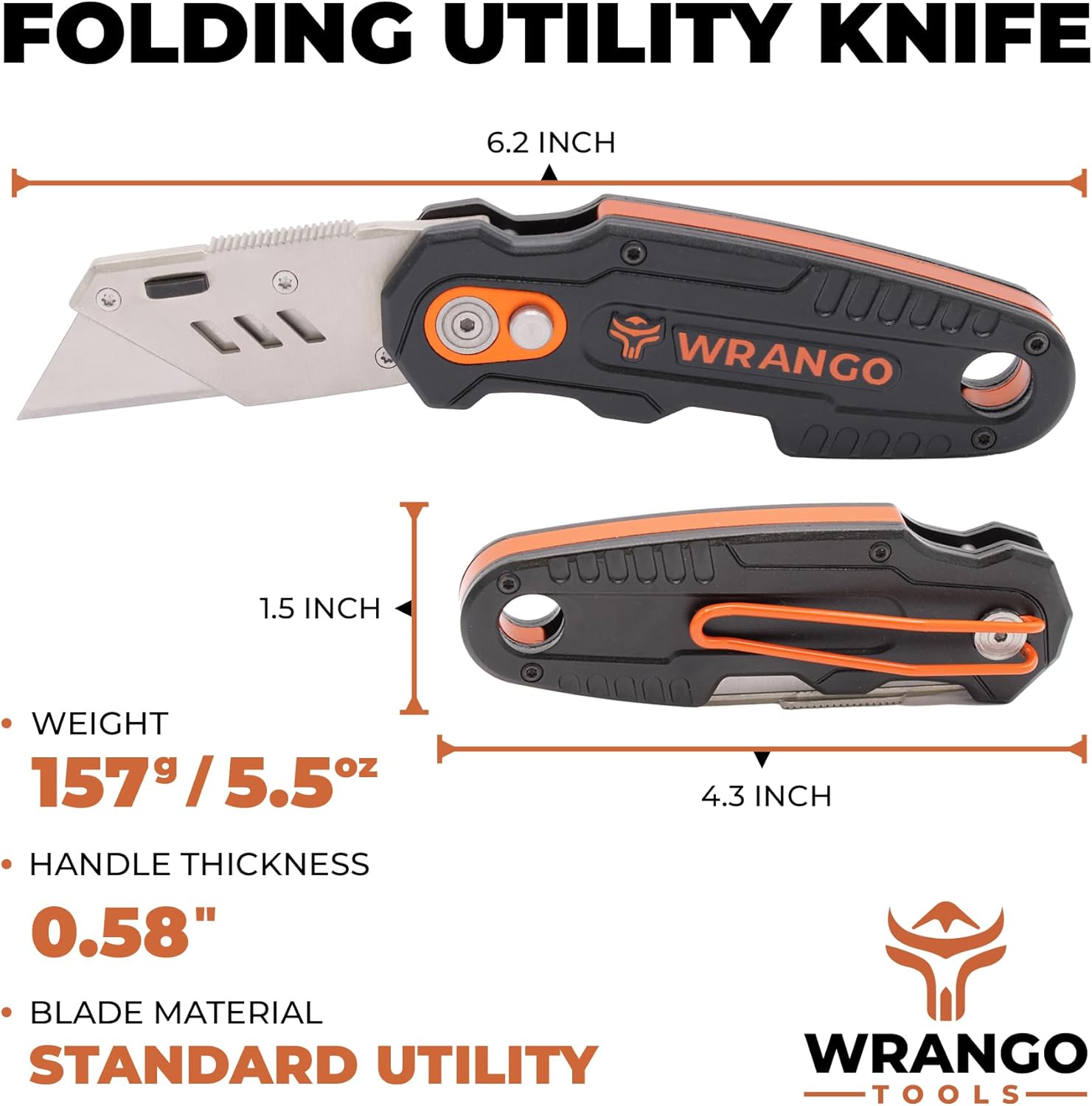 WRANGO TOOLS Folding Utility Knife - Flip Open Design - Heavy Duty Fixed Folding With 10 Blades, Blade Dispenser, Thumb Rest & Belt Clip - Work Knife For Carpenters
