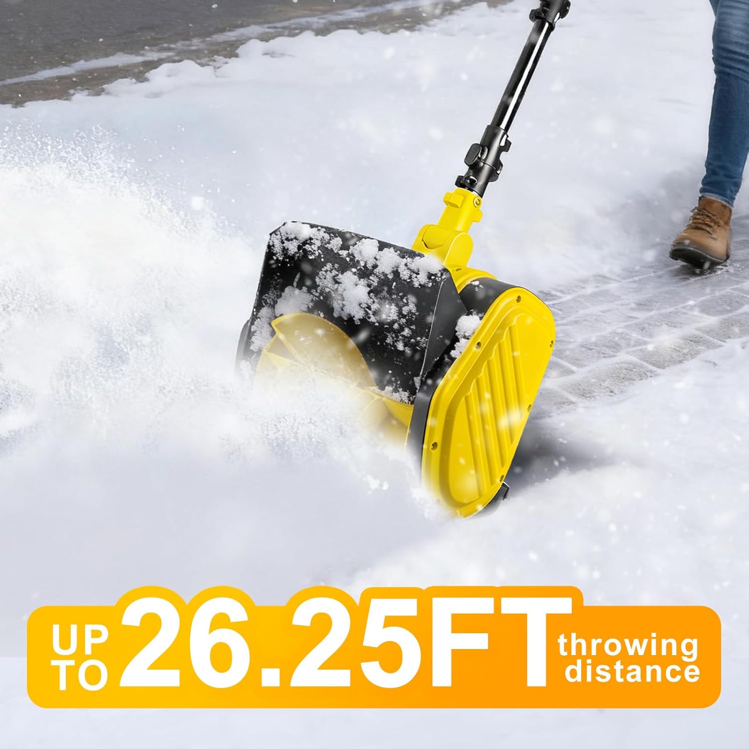 Cordless Snow Shovel, 12 Inch Electric Snow Shovel with 2×4.0Ah Batteries & Charger, 26FT Throw, Detachable 3-Section Pole & Adjustable Handle, for Driveway, Patio, Deck