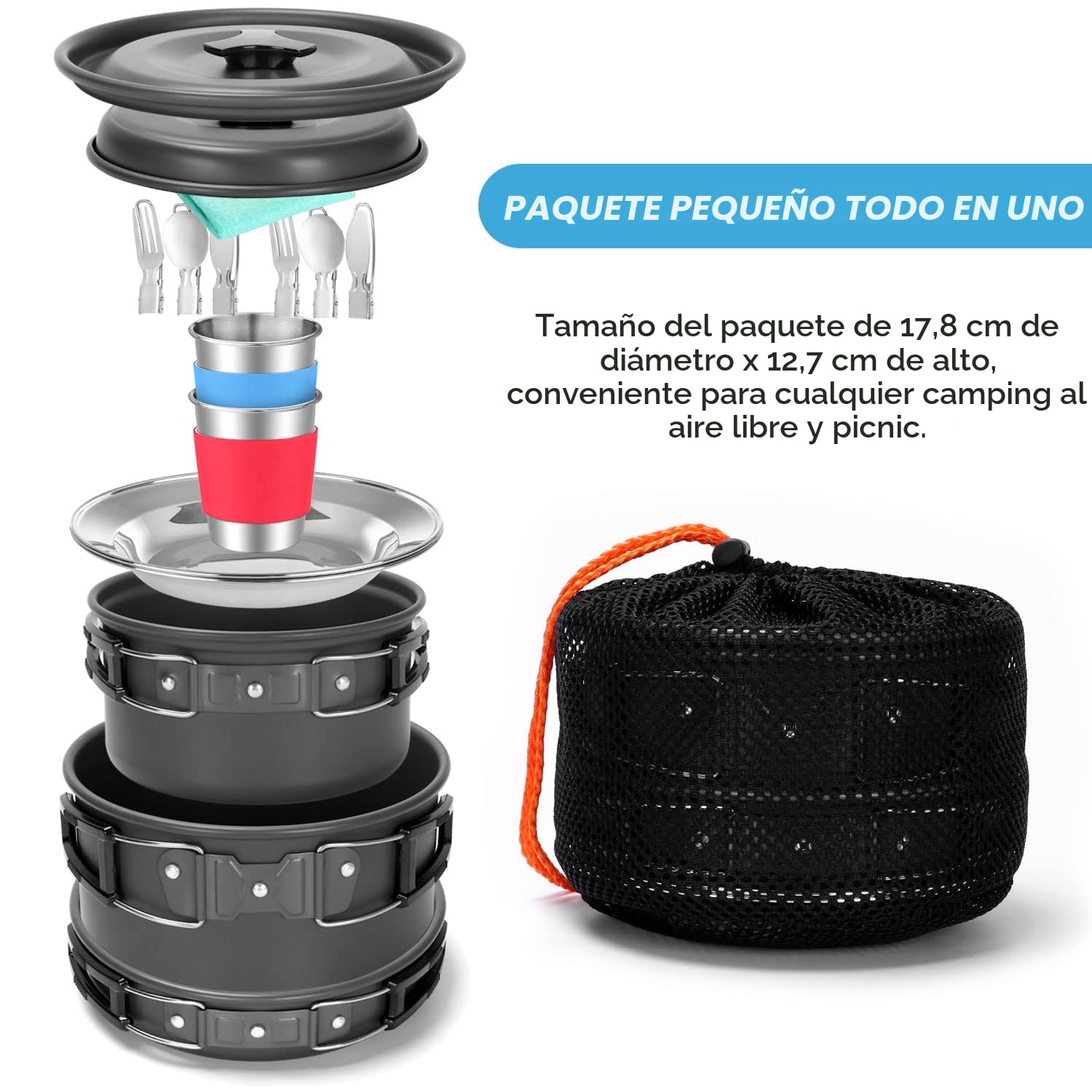 Odoland Juego de ollas para Acampar con ollas y sartén, Taza Platos Cubiertos Plegables, Vasos para 1-2 Personas Ligero y Compacto para Acampar Senderismo Picnic