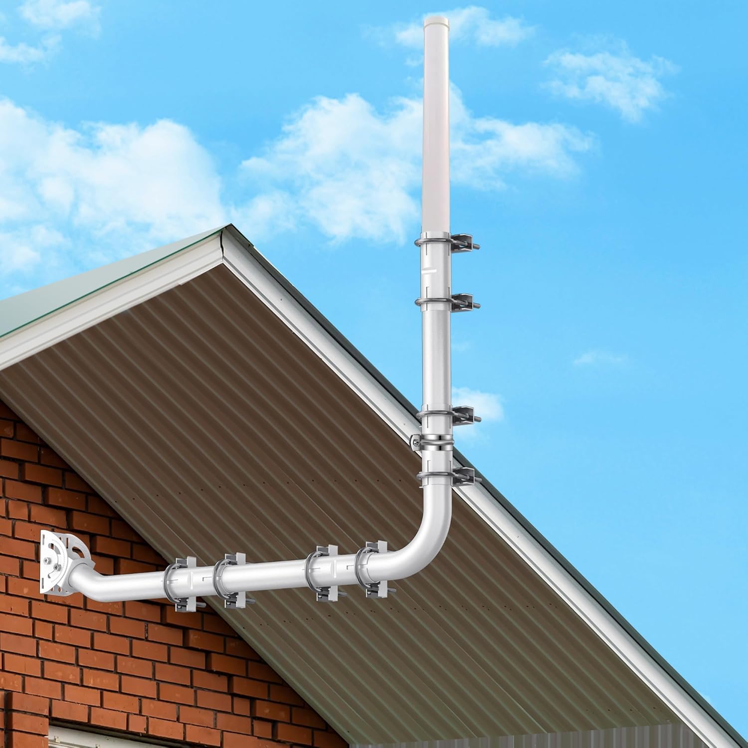 Montageset für Lange Wandantenne – Halterung für Lange Dachrinnenstangen, komplett mit 90° Winkel, Verlängerungsrohr, Verbindungsadapter und Schrauben. Perfekt für Externe TV-Antennen