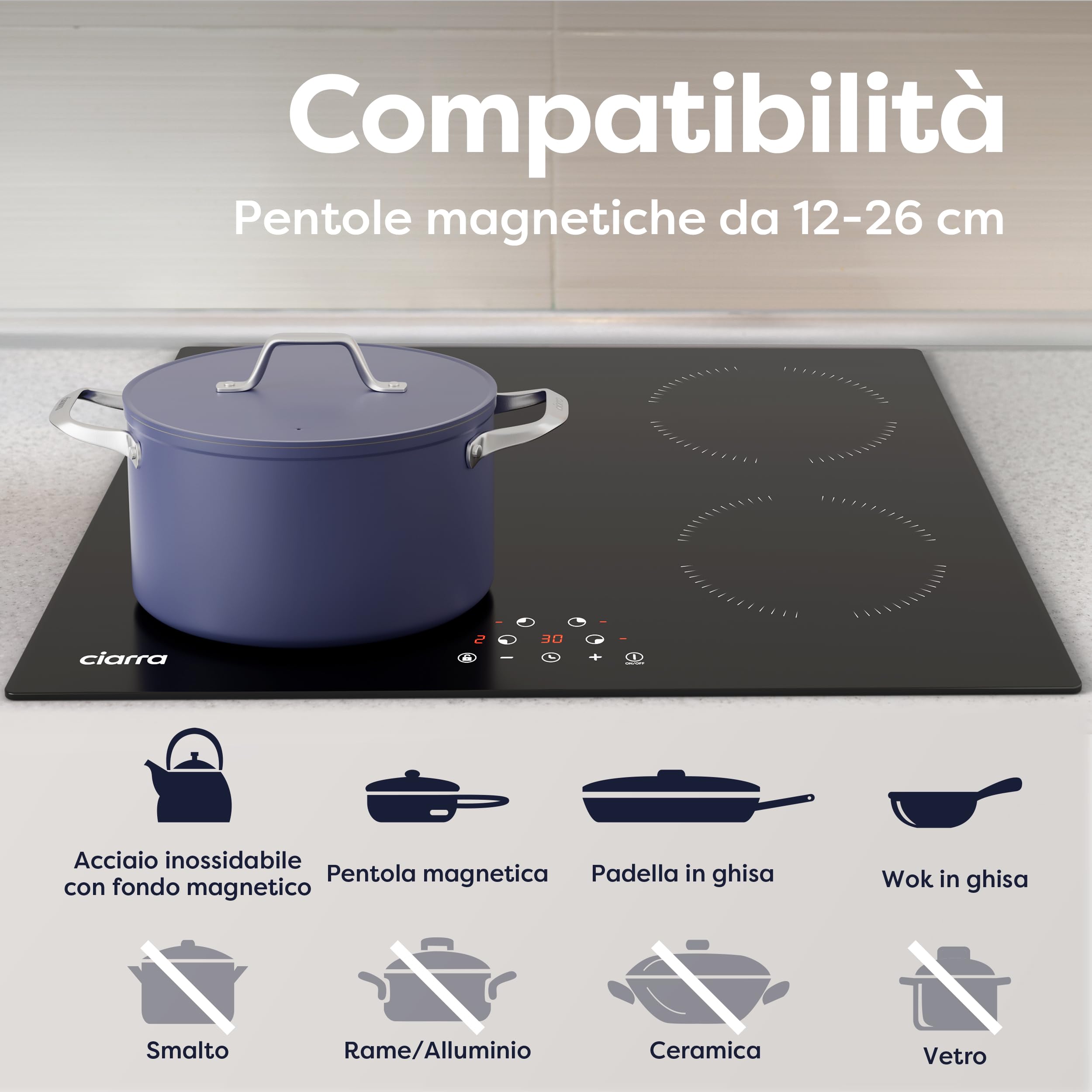 CIARRA Piano Induzione 4 Fuochi Incasso, Piano Cottura con Blocco Sicurezza e Timer da 99 Minuti, CABBIH4-A
