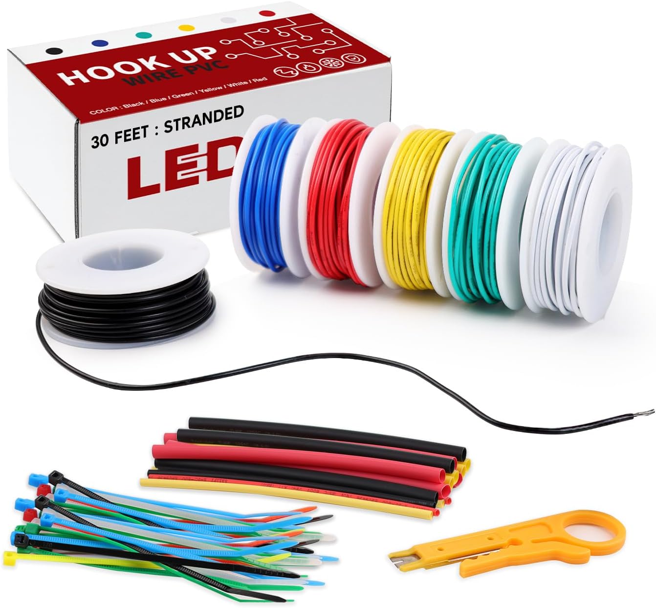 22 AWG Stranded Core Hookup Wire – 6 Color Set, 30FT (9m) Each - Tinned Copper Breadboard Wire for DIY Electronics, Arduino, Circuits & Prototyping Projects