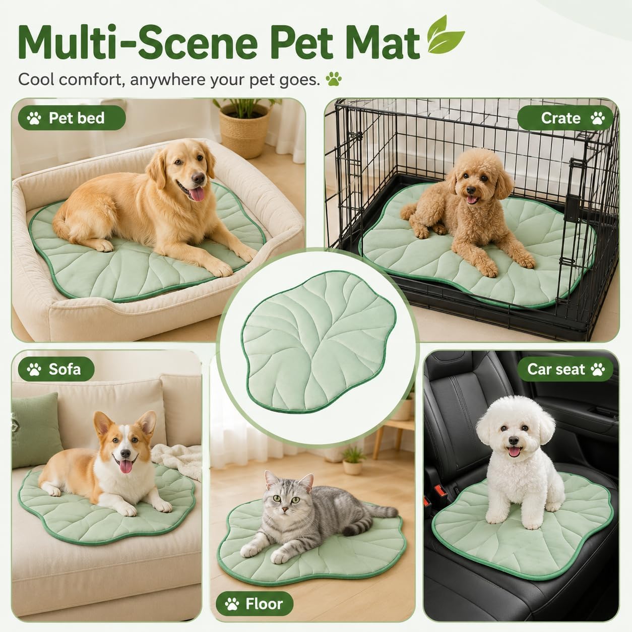 Hunde Kühlmatte für Hunde und Katzen, Blattform Haustier Kühlkissen mit Eisseide Oberfläche, weiche Sommer Kühlmatte für Haustierbett, Kiste, Sofa, Boden und Autositz – waschbar, faltbar (Grün 150cm)