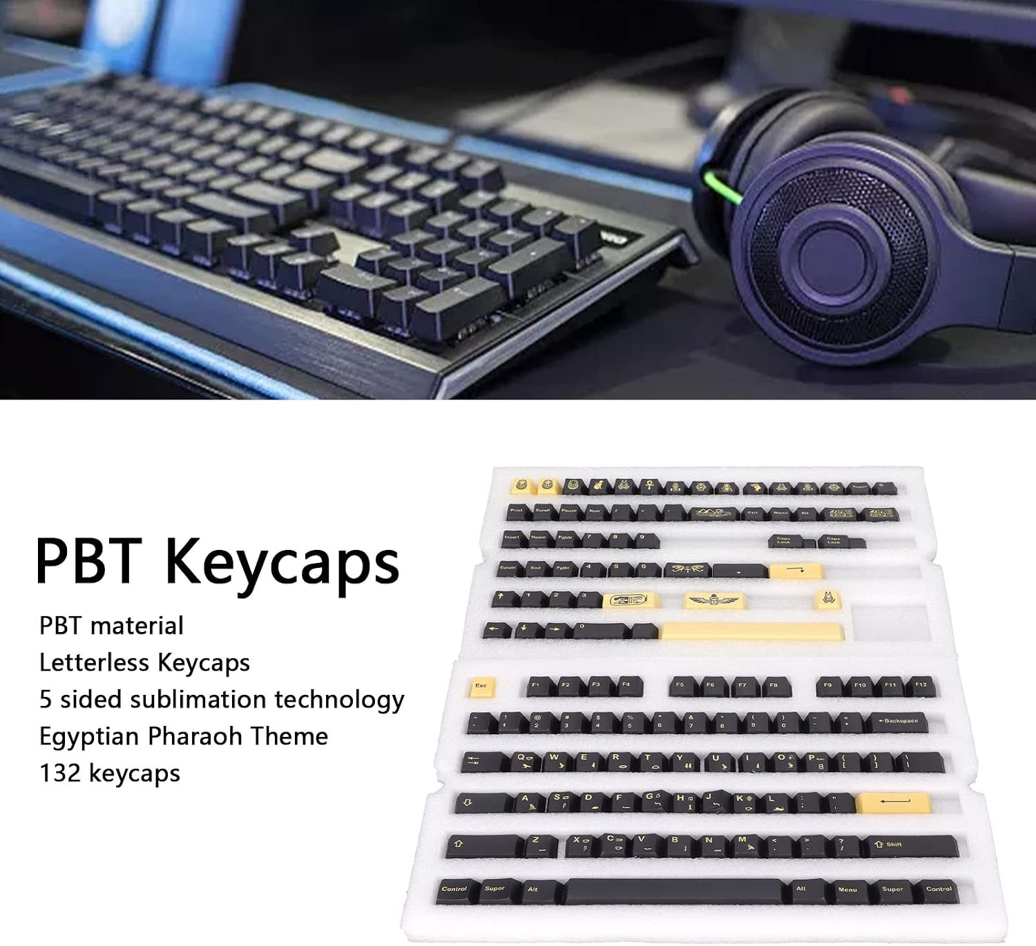 ASHATA Gaming PBT Keycaps,132 Keys Keycaps Set DIY Decorative Gaming Keycaps,Letterless Cherry Height Theme,for Mechanical Keyboard
