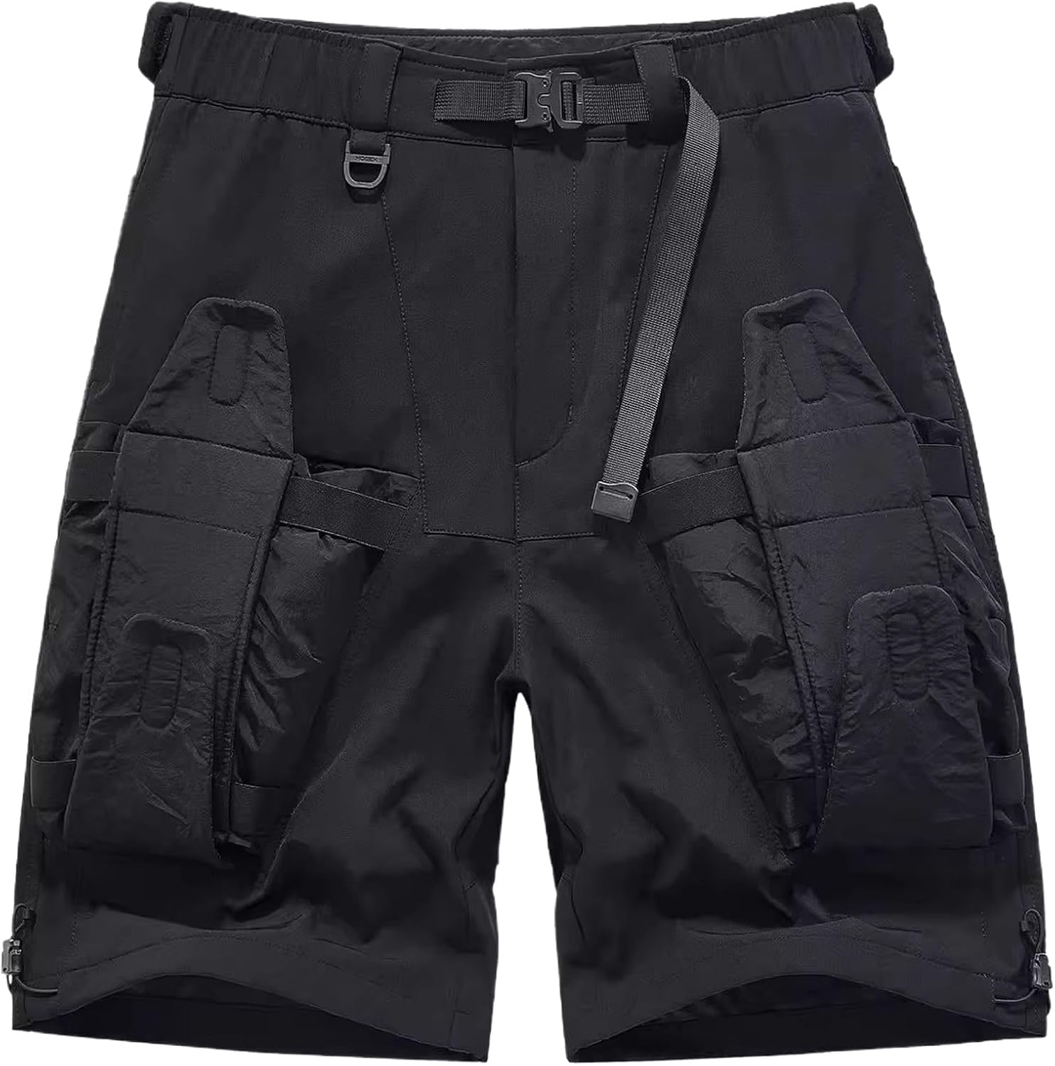 Loose-Fitting Black Tactical Cargo Shorts for Summer Featuring Multi Pockets and Elastic Waist