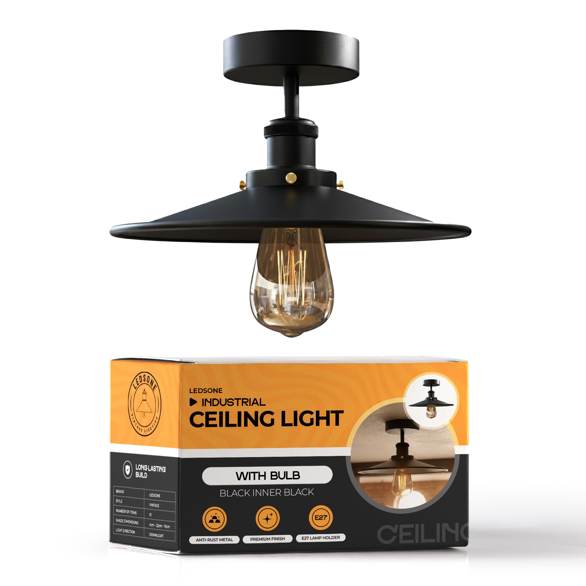 LEDSone Vintage Black Ceiling Light Fixture, Industrial Chandeliers Ceiling Lamp E27 Base with 22cm Lampshade Metal Semi-Flush Mount LED Ceiling Lighting for Bedroom,Kitchen, Hallway [Energy Class A] — image 1
