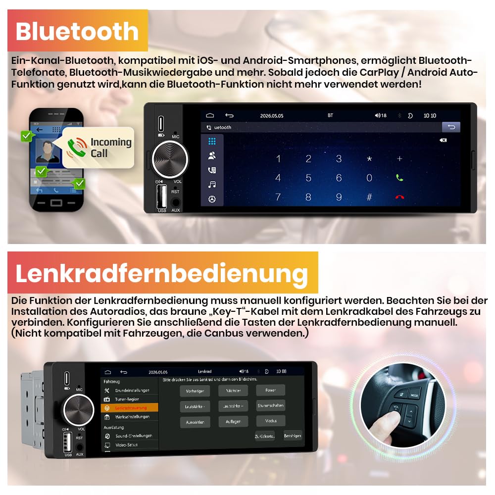 1 DIN Universales Autoradio, Carplay, Android Auto, Online-Navigation | 6,36 Zoll Touchscreen, RDS, Typ-C-Anschluss, USB-Anschluss, Bluetooth, Rückfahrkamera