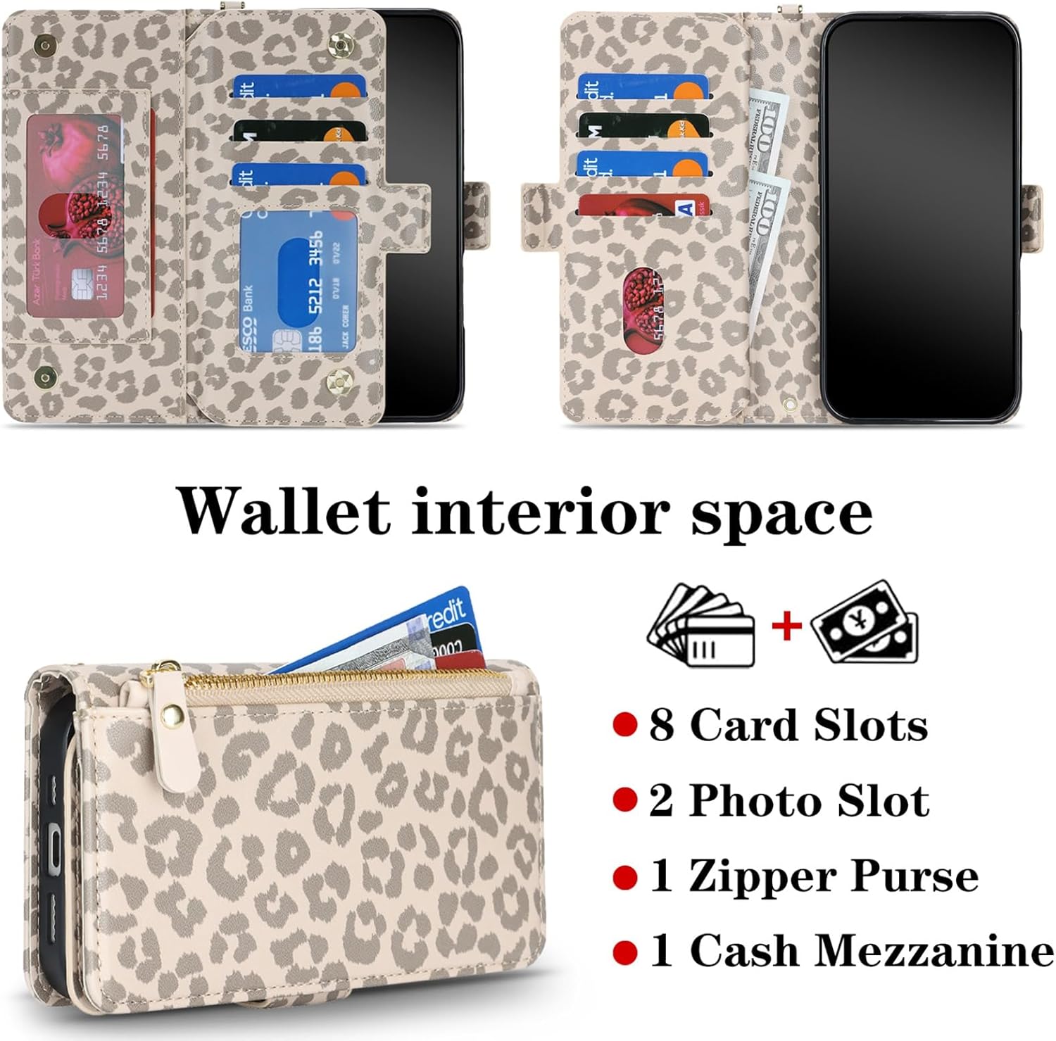 Jaorty for iPhone 17 Phone Case Wallet with Crossbody Strap, Shoulder Necklace Lanyard,flip Cover PU Leather, for Women Men, Zipper Pocket, Kickstand, Card Holder, 6.3" Beige Leopard