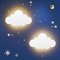 Vista 1 de 2 Pack Cloud Light - Battery-Powered Wall Lamp for Nursery, Kids Bedroom & Baby Room, 3000K Warm Night Light with Pull-String Switch, Cordless 3.7V