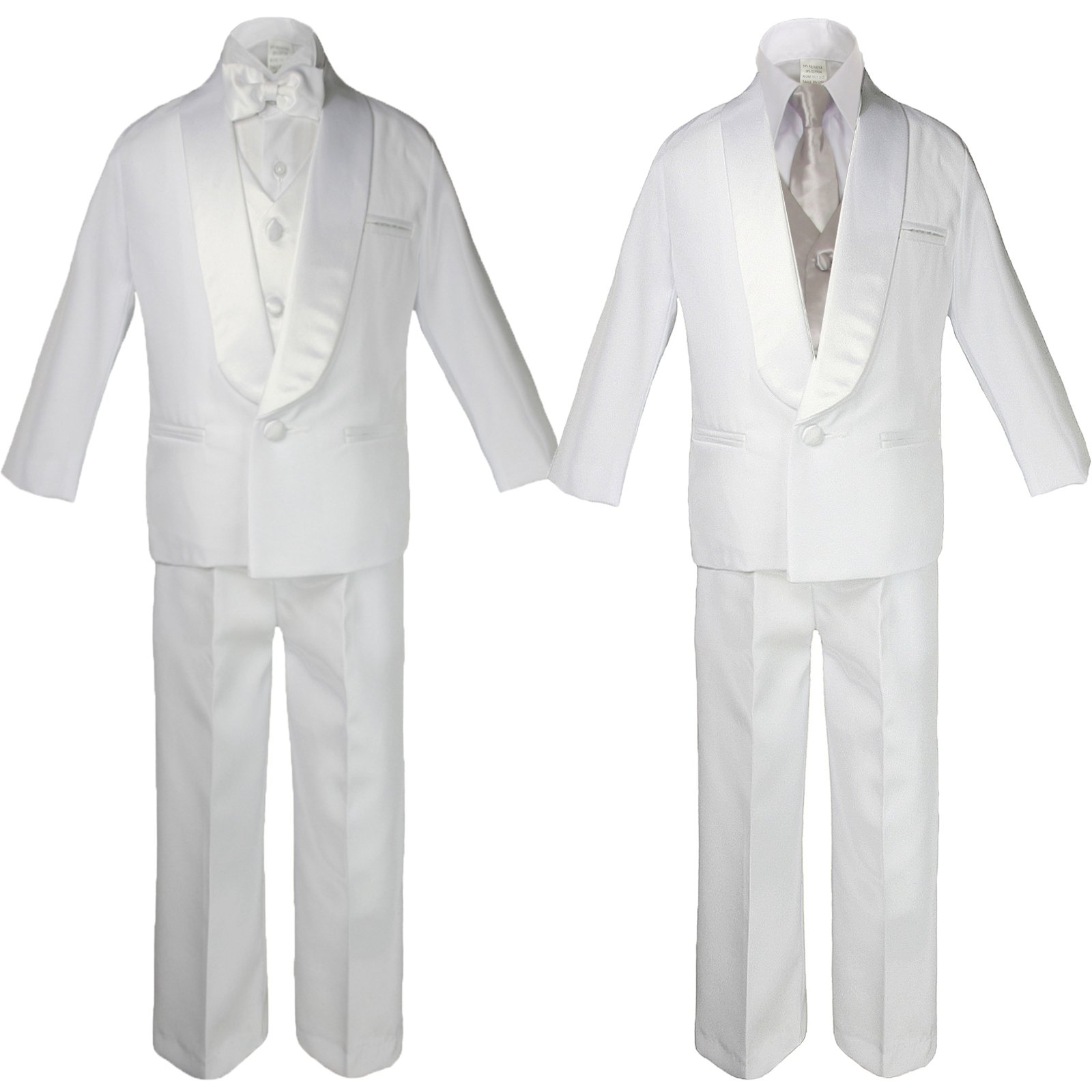 5-7pc Boy White Satin Shawl Lapel Suits Tuxedo Silver Satin Bow tie Sm-7