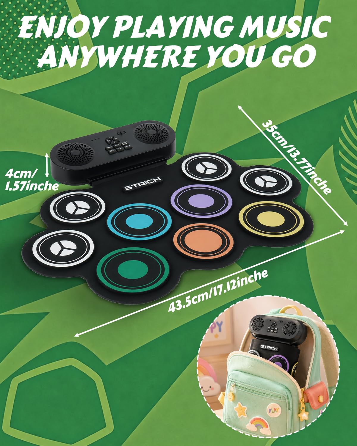 STRICH Set de Batería Electrónica, Almohadilla de Práctica de Batería Enrollable de 9 Pads, Pad de Batería Eléctrica Portátil con Altavoz Integrado, Pedales y Baquetas, 10 Horas de Uso (SED-K10)