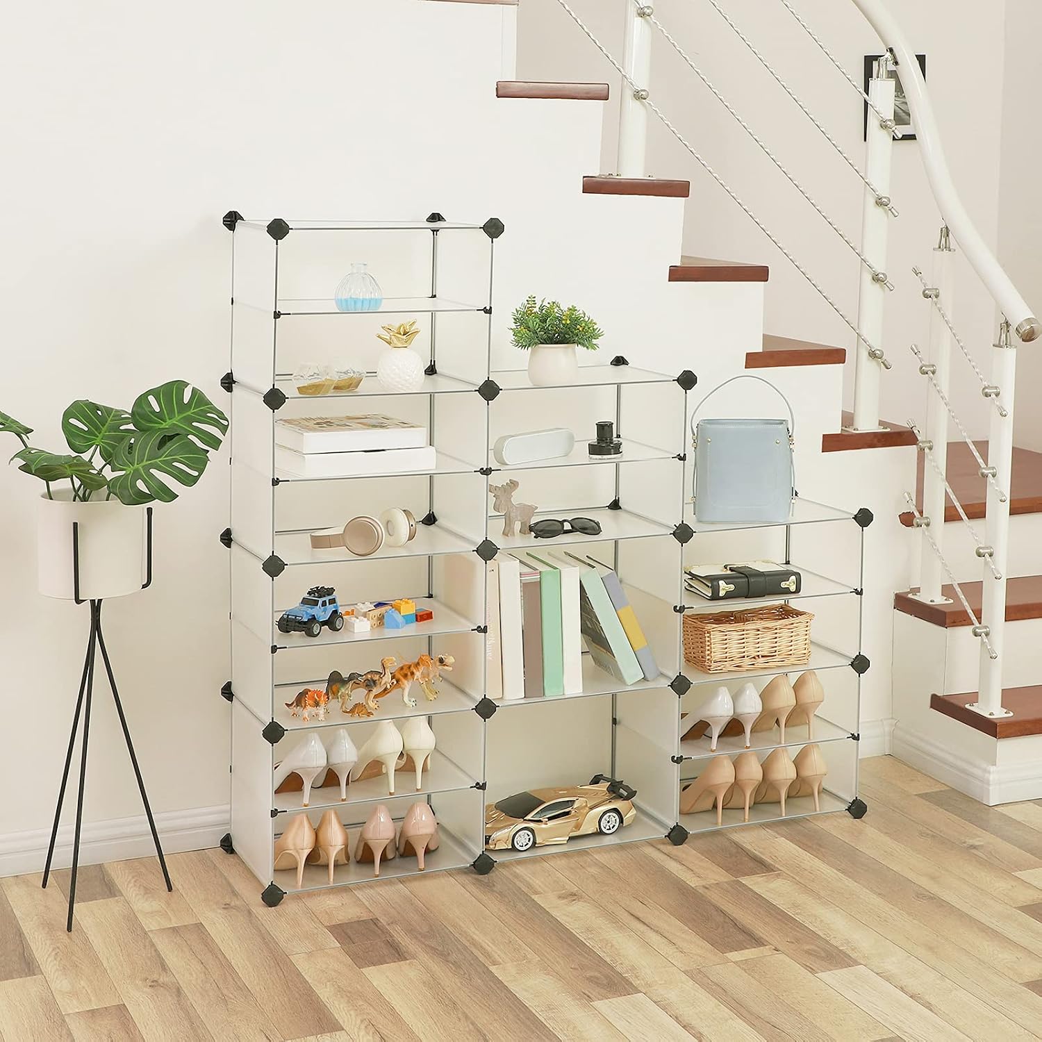 SONGMICS 8-Tier Shoe Rack, 32-Pair Plastic Shoe Clothes Storage Organizer Unit with Dividers, Ideal for Closet, Living Room and Corridor, 48.4 L x 12.2 W x 36.6 H Inches White ULPC501W