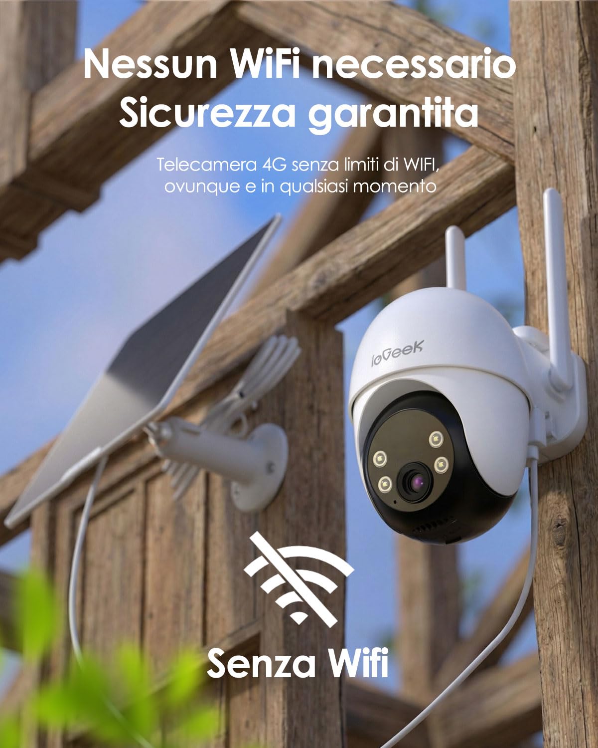 ieGeek 24/7 Registrazione AOV 4G Telecamera Esterno con SIM Senza WiFi | Tracciamento Automatico, Rilevamento AI, Visione Notturna 25m, Memoria 512GB, 5W Pannello Solare, 10000mAh Batteria, IP65