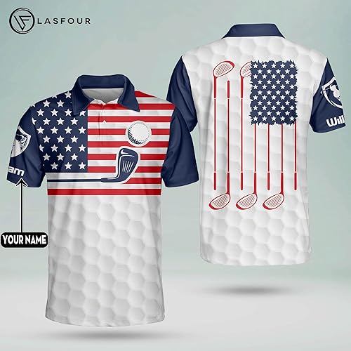 Miniatura 6 de LASFOUR Polo de golf personalizado divertido para hombre, orgulloso de golf, bandera estadounidense, polo patriótico 3D de golf para hombre