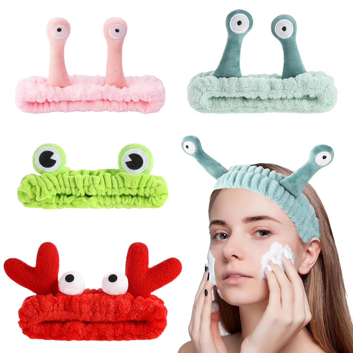 4PCS Face Wash Headband Cute, Soft Spa Headband for Washing Face, Coral Fleece Elastic Frog Crab Snail Head Band, Cartoon Makeup Headbands Creative Hair Accessories for Spa, Skincare, Makeup