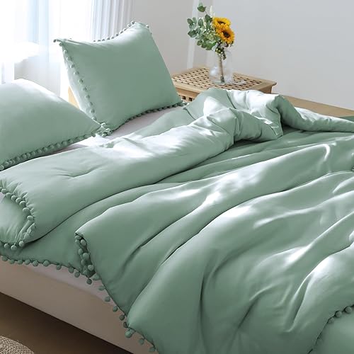 Miniatura 8 de JOLLYVOGUE Juego de edredón King de 3 piezas, ropa de cama verde salvia en una bolsa, juego de ropa de cama bohemio con pompones para todas las