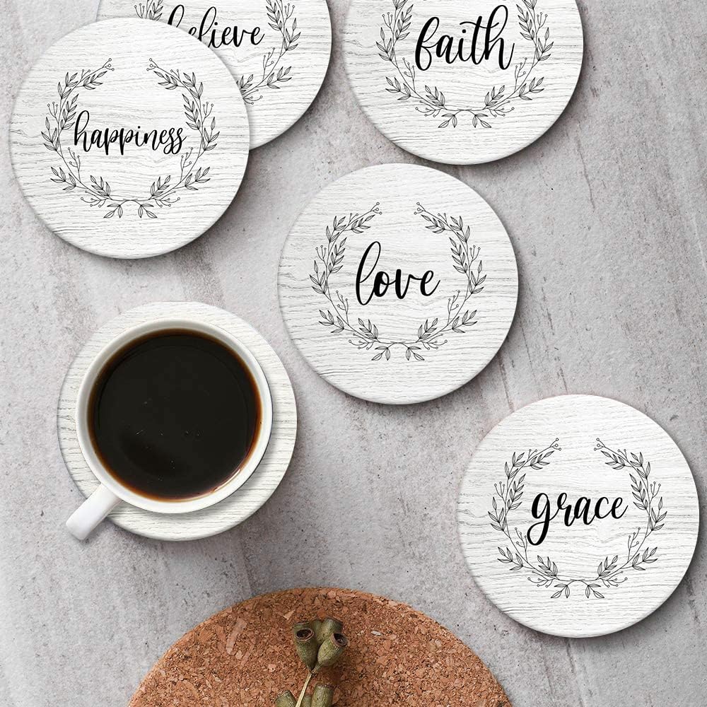Britimes Coaster for Drinks Set of 6, White Wood Inspirational Love Wreath Absorbent Round Ceramic Stone Mat, with Cork Base and Metal Holder, Gift for Housewarming Room Bar Decor - Image 6