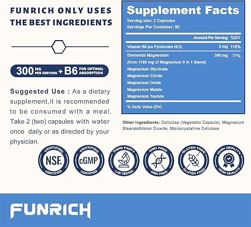 Miniatura 4 de Suplemento complejo de magnesio 5 en 1 con vitamina B6, suplemento de magnesio de mayor absorción, para sueño, nervios y salud cardíaca, huesos,