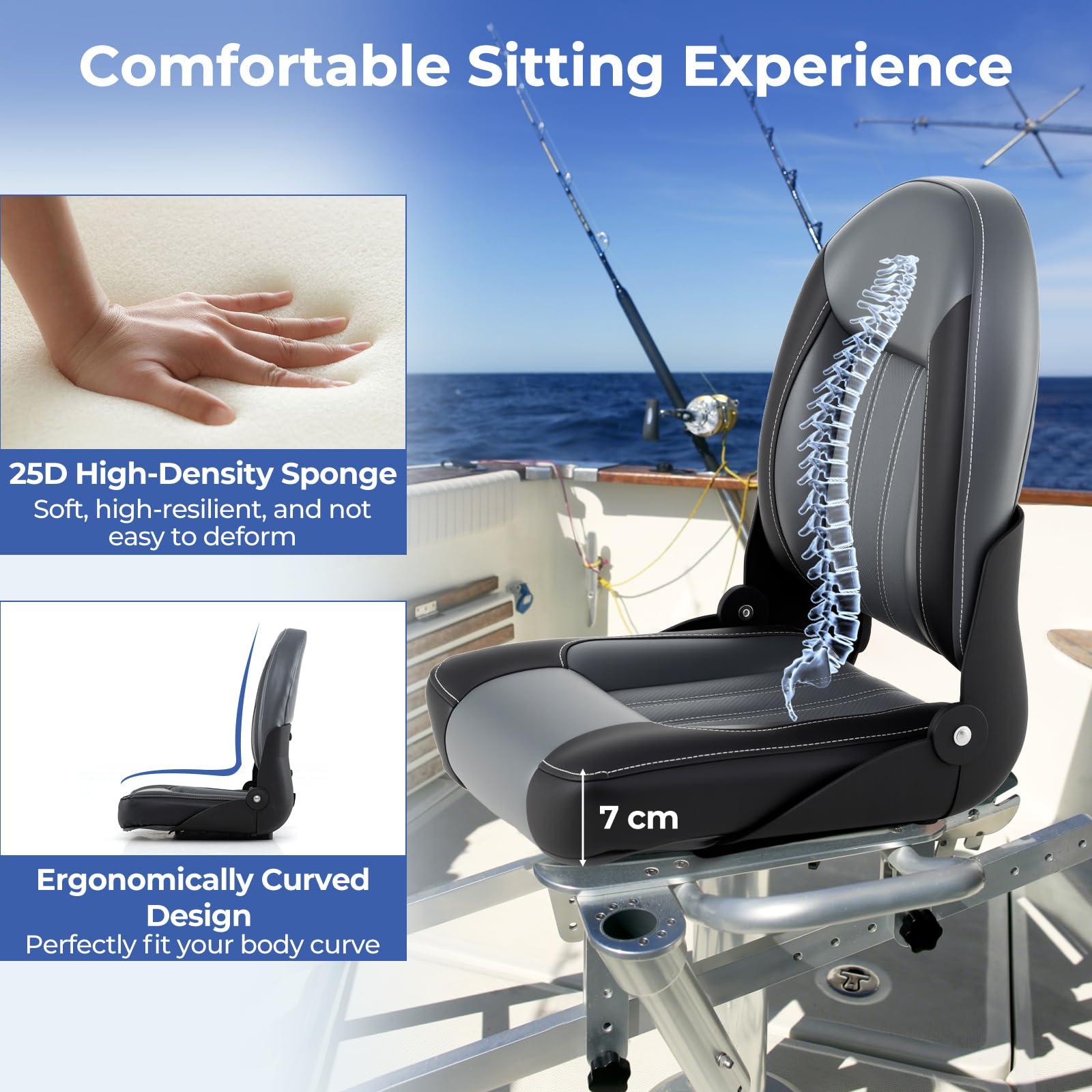 Homasis Juego de 2 Asientos Plegables para Barco, Acolchadas, Grueso, Silla deYate Ergonómico Impermeable con Respaldo Y Marco de Metal, Control para Barcos, hasta 113/150 Kg (Negro)
