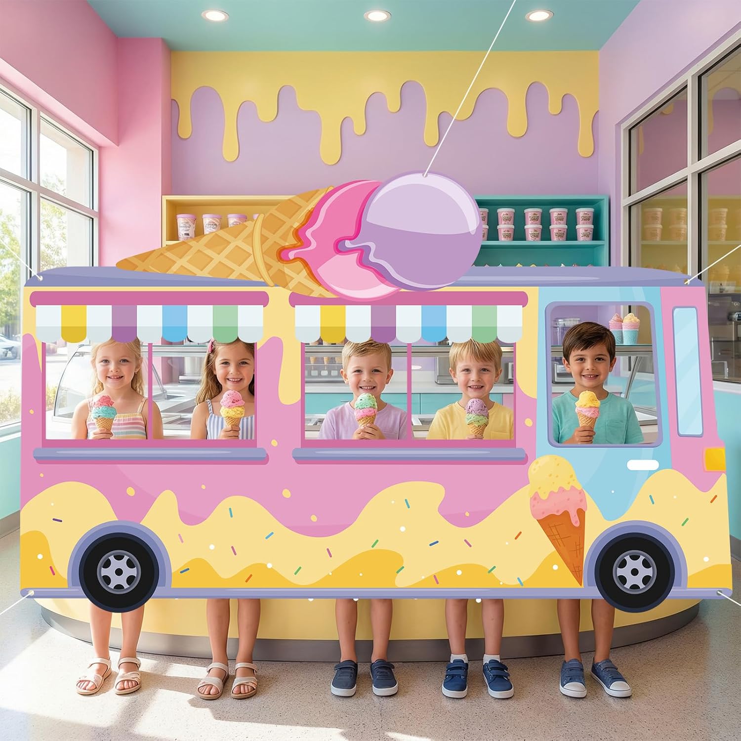 Ice Cream Truck Banner Donut Birthday Party Decor Backdrop Ice Cream Car Photo Booth Props Sweet Dessert Photography Banner for Kids Bday Baby Shower Spring Classroom Easter Outdoor Party Supplies