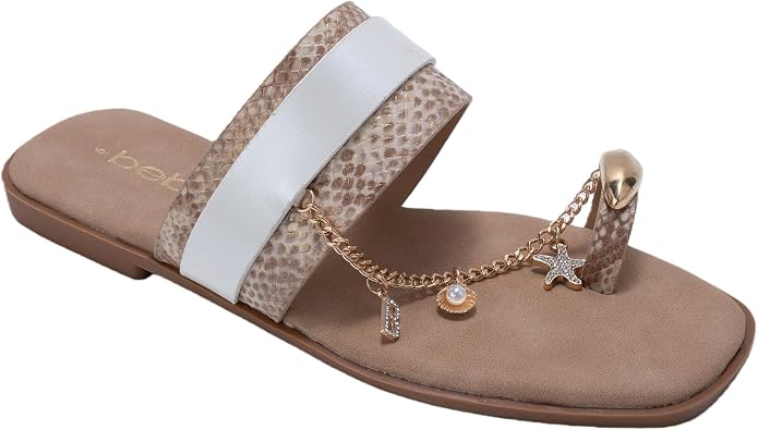 bebe Womens Sandals Embellished Toe-Loop Flat Sandals with Charm Chain Detail